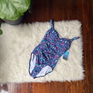 Swim Solutions One Piece Swimsuit Blue Orange Purple Print Size 8 NWT